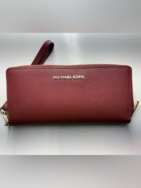Maroon Michael Kors Jet Set Travel Large Saffiano Leather Quarter-Zip Wallet